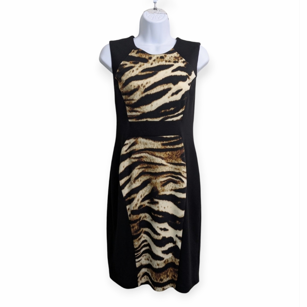 Calvin Klein Black Brown Animal Print Sheth Dress Sleeveless Career Office 6